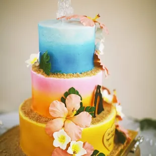 a three tiered cake decorated with flowers