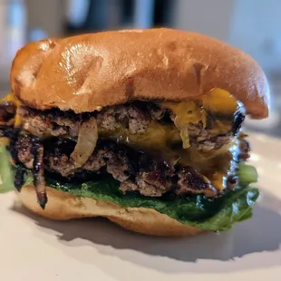 Smash burger with cheddar cheese, LTOP, and mustard/mayo - absolutely delicious!