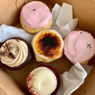 Red velvet, chocolate salted caramel, creme brûlée, lemon blackberry cupcakes