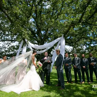 a bride and groom with their wedding party