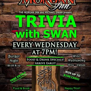 trivia with swan every wednesday at 7pm