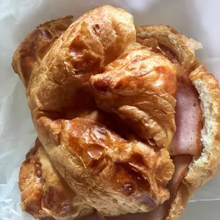 Large ham, egg, and cheese croissant. Ask for it warmed up!