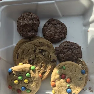 The chocolate one is a 'turtle' cookie, also oatmeal, chocolate chunk, and M&amp;M.