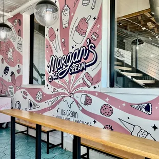 Inside bench seating and high-top standing only dining at Morgan&apos;s Ice Cream