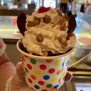 a person holding a cup of ice cream