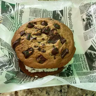 Chocolate chip ice cream cookie sandwich