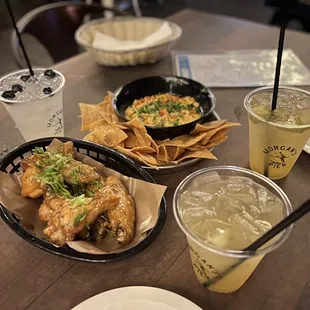 a table of food and drinks