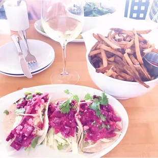 Beet and goat cheese Tacos with French Fries