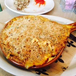 Morganza Mac- (made by special request) 4 cheeses,perfect pasta with tasso, onion bits and bread crumbs all baked to perfection.