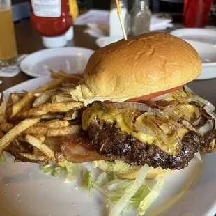 BYOB double patty smash burger with hand cut fries.  Grilled onions we perfectly done!!