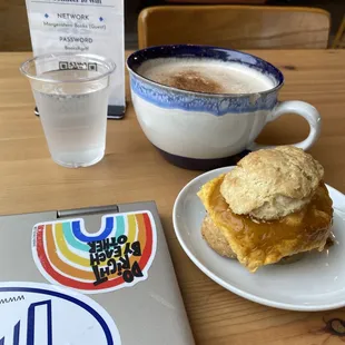 Free WiFi, large Chai Latte with Almond Milk, cucumber water and vegan breakfast sandwich