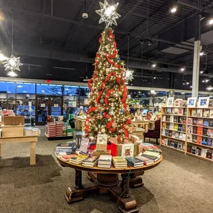 a christmas tree in a bookstore