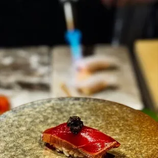 Zuke marinated lean tuna with black truffle