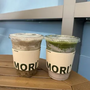 Left: Mung Bean Smoothie Right: Taro Uji Matcha Fresh Milk