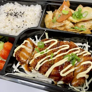 TONKATSU
 Crispy fried pork cutlet, drizzled with Japanese mayo and sweet and savory sauce on top