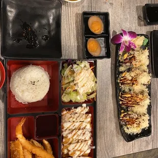 Chicken katsu curry, volcano roll