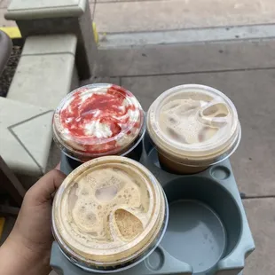 Strawberry cheesecake latte, Pistachio latte &amp; Vanilla oatmilk shaken espresso.