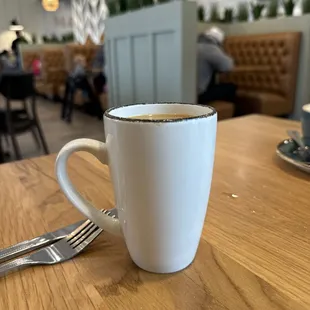 a cup of coffee and a fork on a table