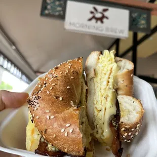 Breakfast bagel - bacon egg and cheese on everything bagel