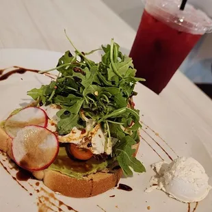 The avocado toast and drink!