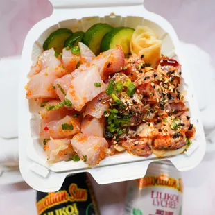 Hamachi and Spicy Ahi combo + Lilikoi drinks