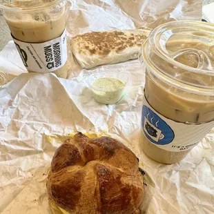 Sausage egg and cheese croissant and breakfast burrito