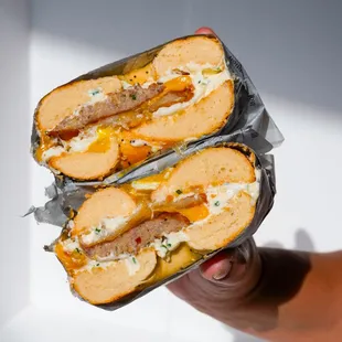 The Franky Link! (Double Sausage Link, Melted Cheddar, Chive Schmear, Egg, Hashbrown, on your Choice of Bagel)