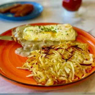 Chicken Fried steak with hash browns &amp; scrambled eggs