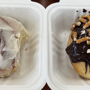 two takeout containers of a doughnut and pretzel