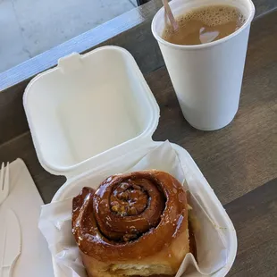 Whiskey, pecan roll and coffee about seven bucks total