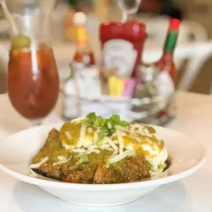 The &quot;Hangover Bowl&quot; &amp; the &quot;Spice, Spice, Baby&quot; bloody mary. AKA we were doing a green chile theme for the day.