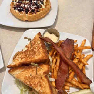 Blueberry Lemon Belgian Waffle + Fried Green Tomato BLT (requested bacon on side)