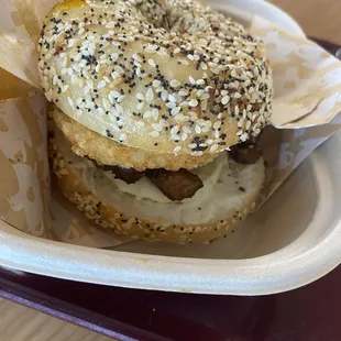 Everything Bagel Sammie: everything bagel, fried eggs, hash brown, cream cheese and brisket.