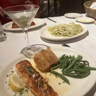 Salmon, potatoes, green beans, pesto spaghetti, dirty martini.
