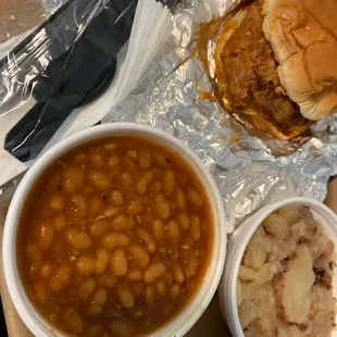Pulled pork, baked beans, German potato salad