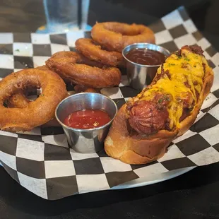 Chili dog and onion rings!