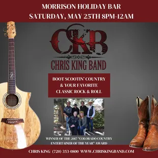 Come see the Chris King band at the Morris and holiday bar for Memorial weekend on Saturday may 25th at 8:00 PM. You won&apos;t want to miss this