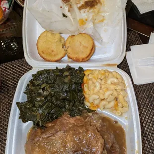 Smothered Pork chops and Collard greens (a bit salty) and Mac and cheese