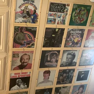Vintage album covers on the ceiling