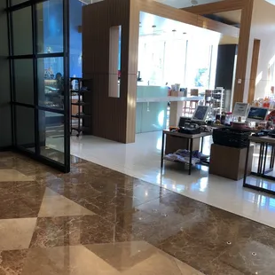 a marble floor in a hotel lobby