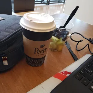Coffee, a fruit cup and work station. Just what I needed.