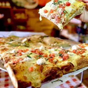 a hand holding a slice of pizza