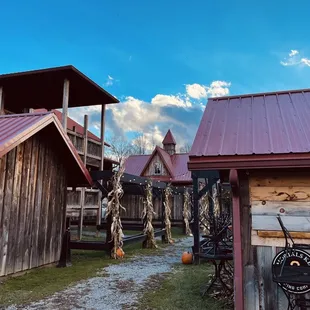View from back patio/lawn, looking towards set of outdoor restrooms and winery.