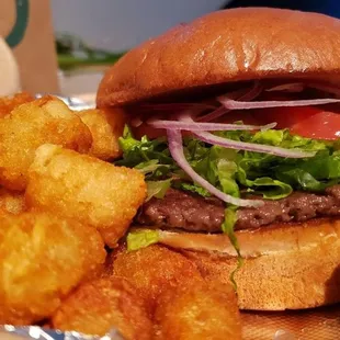 a hamburger and fries