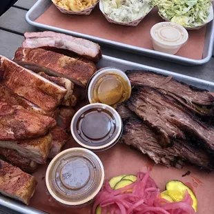 Side hustle plate (mac &amp; cheese, potato salad, and brussels slaw,) 1 rack St. Louis style pork ribs, and 1 lb beef brisket