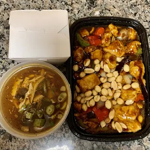 Kung Pao chicken, rice, and hot and sour soup