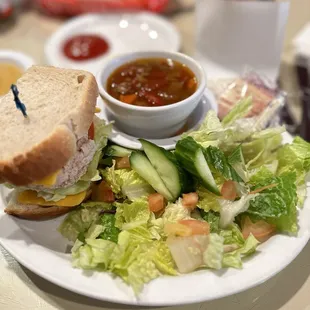 1/2 tuna sandwich, salad and albondigas soup
