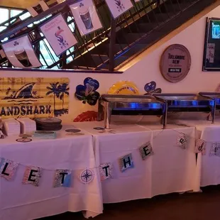 Food table.   Room decor.