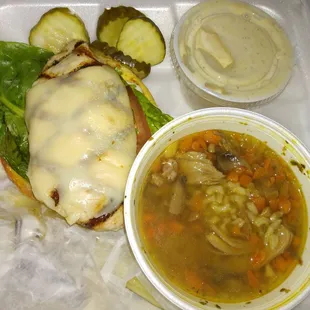 Chicken sandwich with chicken &amp; rice soup