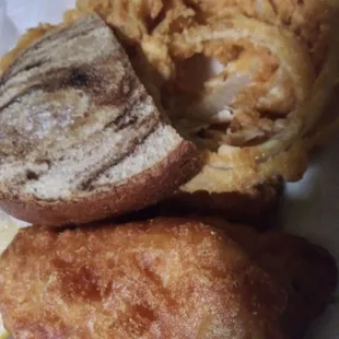 Fried fish, onion rings &amp; coleslaw. Yummm. Thick juicy beer battered fish.